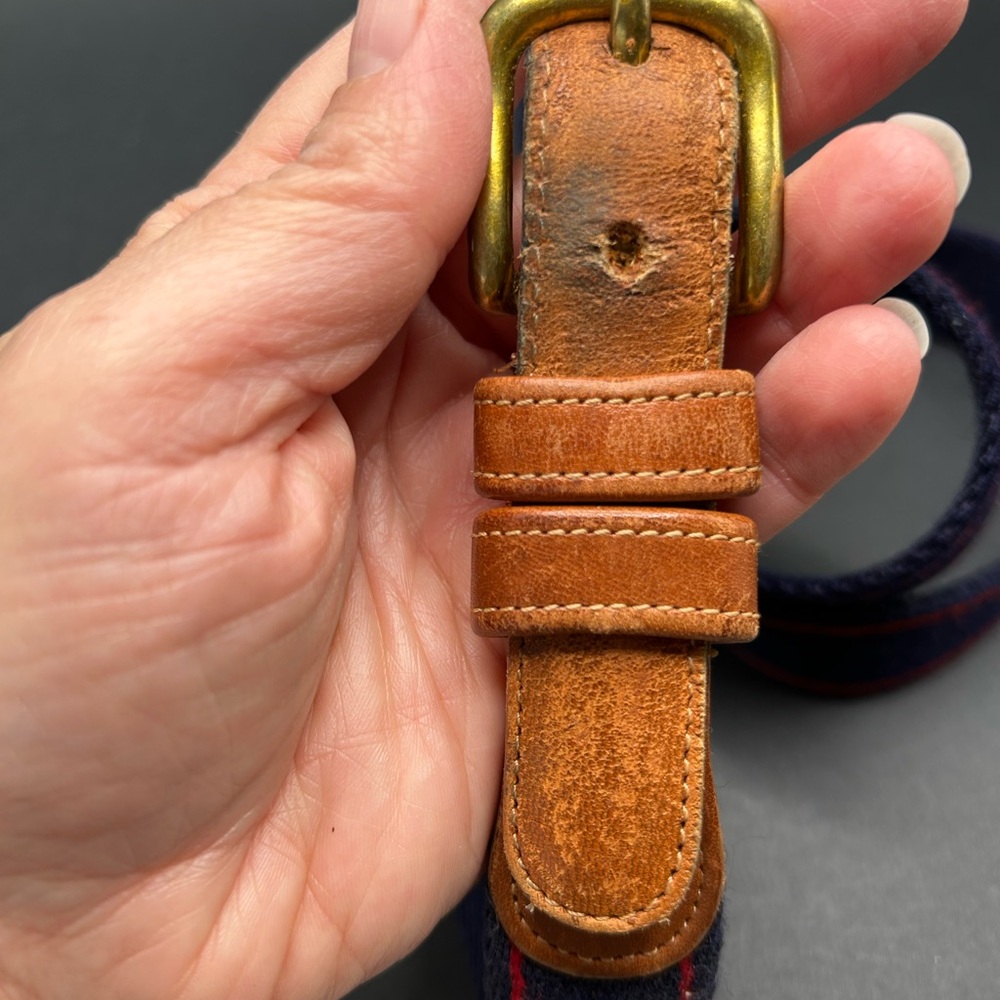 VTG Coach Wool Leather Belt Navy Red Stripe 42” - Picture 2 of 5